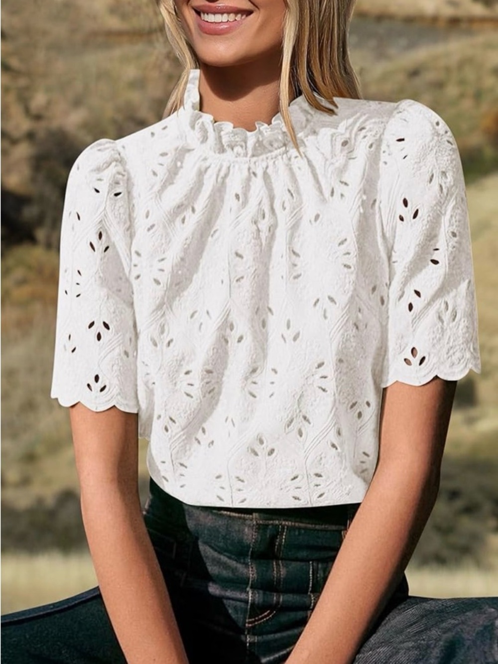 White Eyelet Ruffle Neck Women’s Top